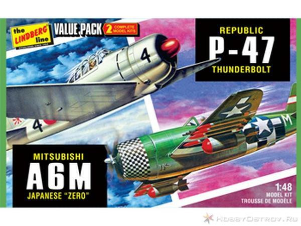 Склеиваемые пластиковые модели самолетов Hawk Lindberg WWII Adversaries (P-47 Thunderbolt * Japaneze Zero) 1:48 - HL507